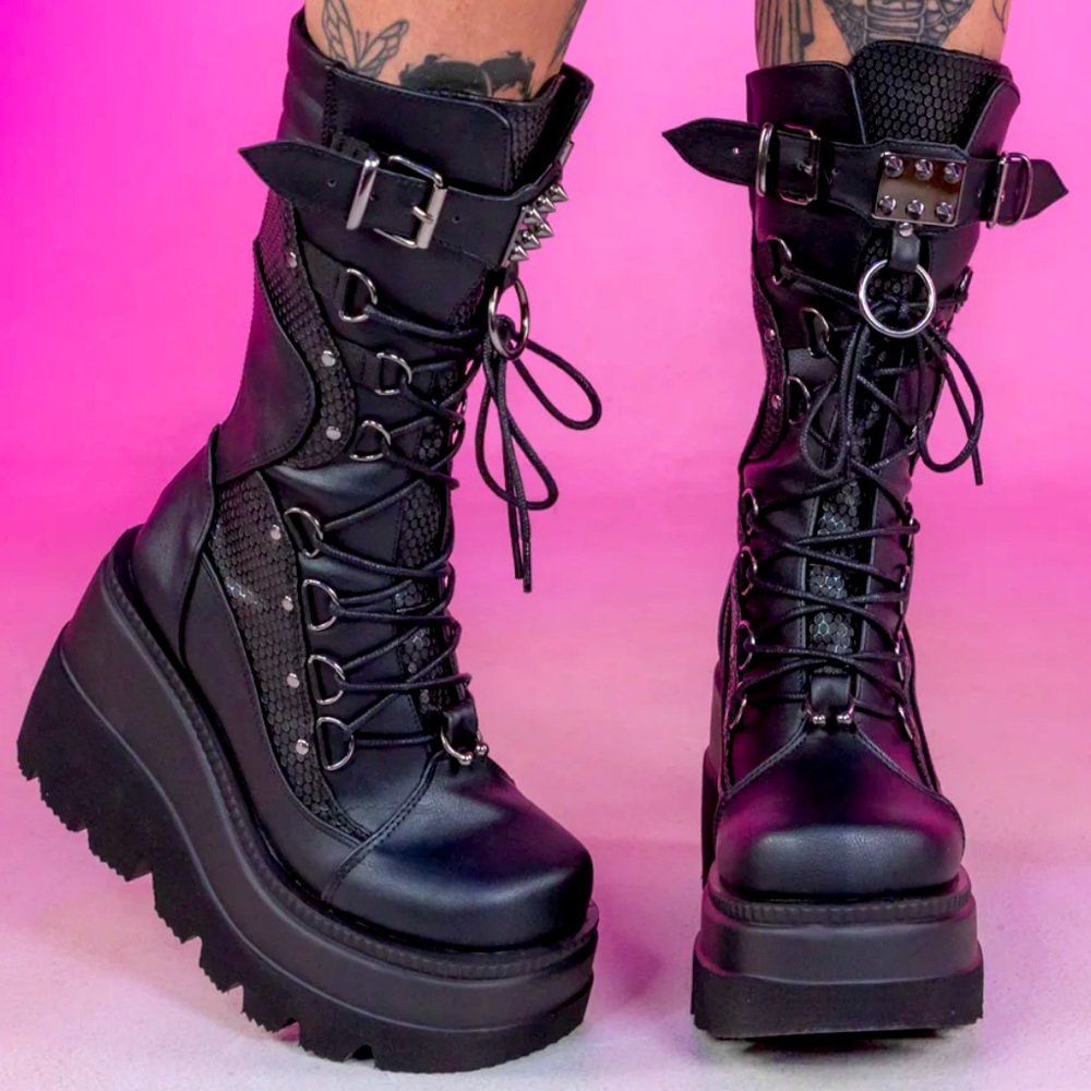 Demonia Shaker Black Lace-Up Mid-Calf Platform Boot